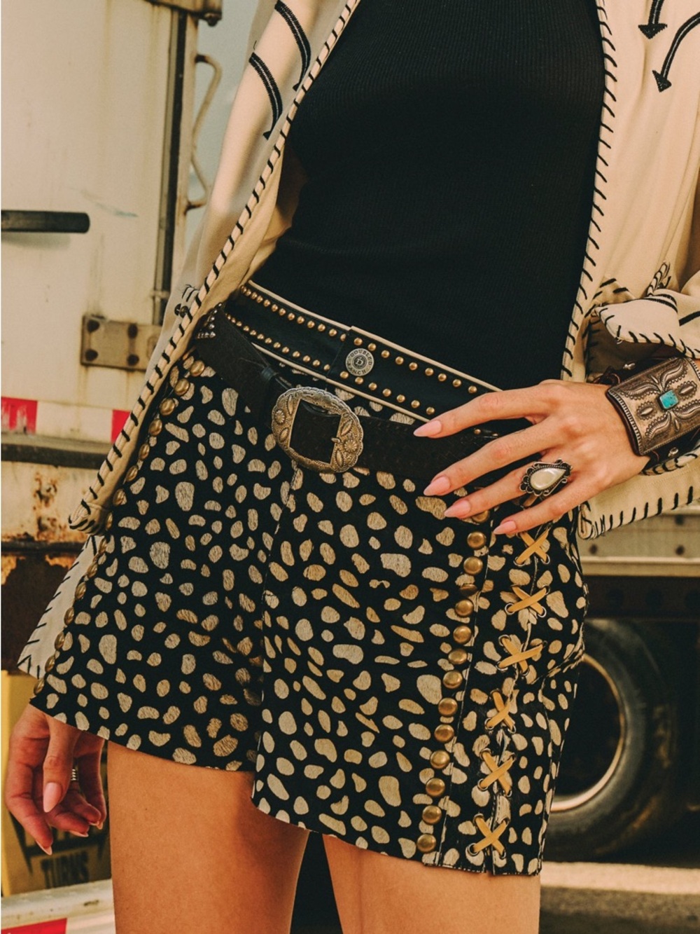 Double D Ranch Black and Gold Leopard-Print Jean Shorts - Picture 3 of 11